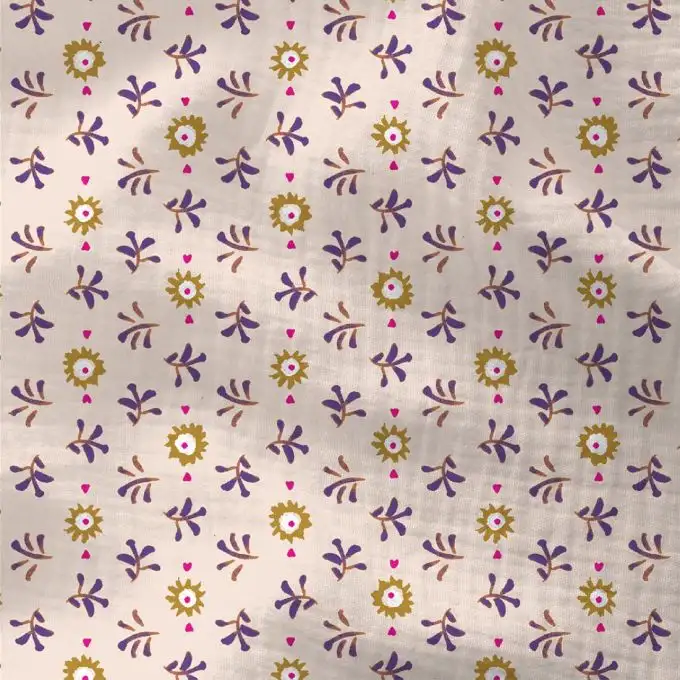 Tessuto doppio garza fiore naïf pop ecru