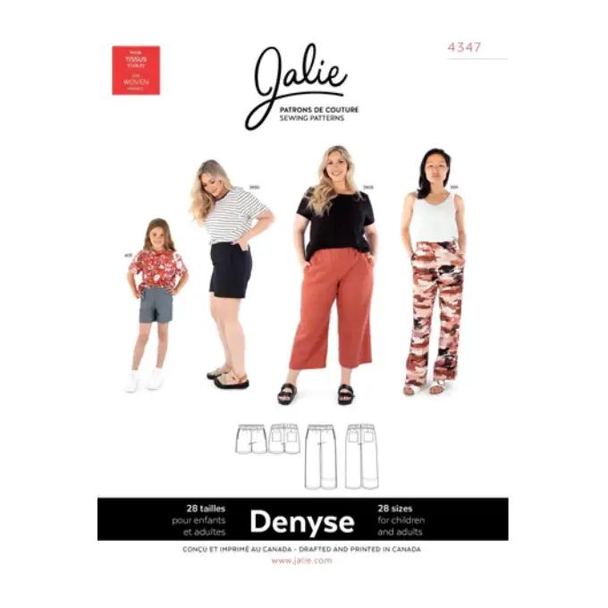 Modello Jalie 4347 Denyse pantaloni e pantaloncini in tessuto infilare per bambino e adulto
