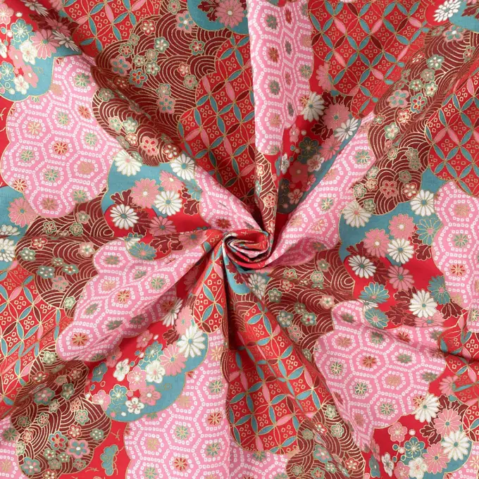 Tessuto giapponese multi fiori e geometrico rosa - NAKA