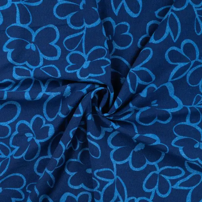 Tessuto viscosa stampato fiore disegnato blu